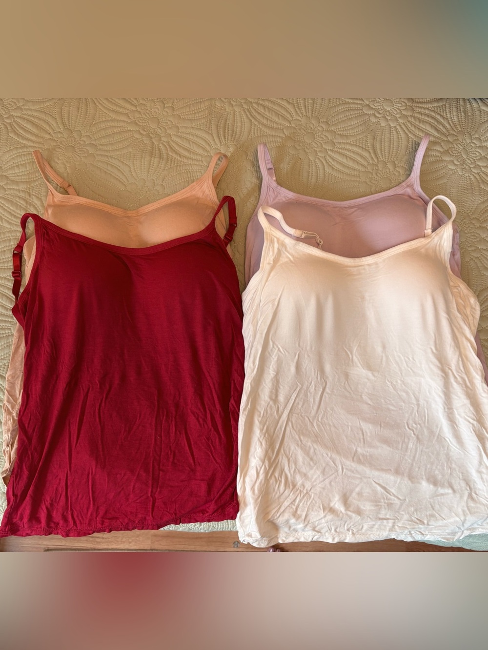 Set of 4 Cami Tank Tops With Built in Bra- Cream, Dusty Pink, Light Lilac, Red